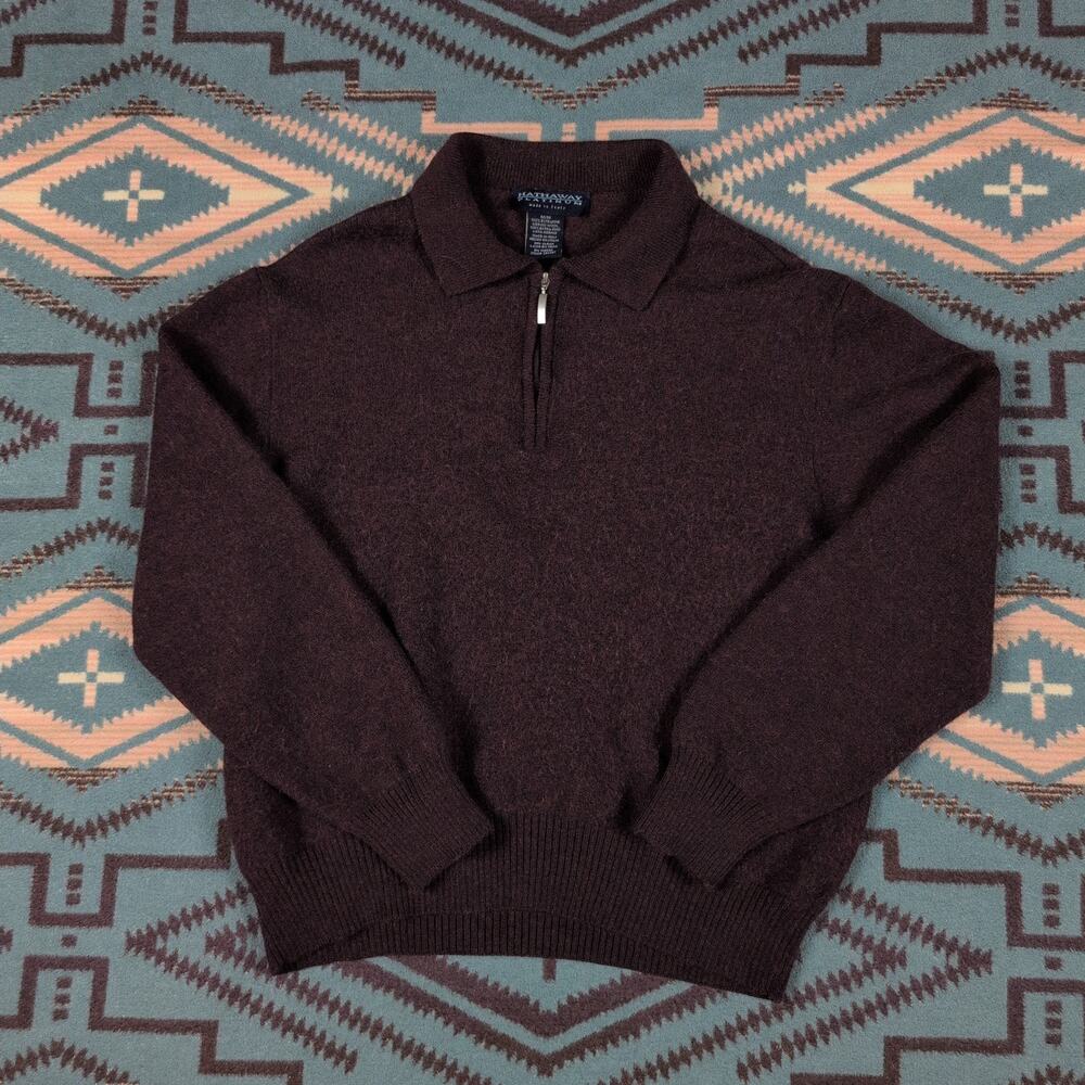 Italian Merino Wool Sweater Mens Medium Burgundy 1/4 Zip HATHAWAY PLATINUM